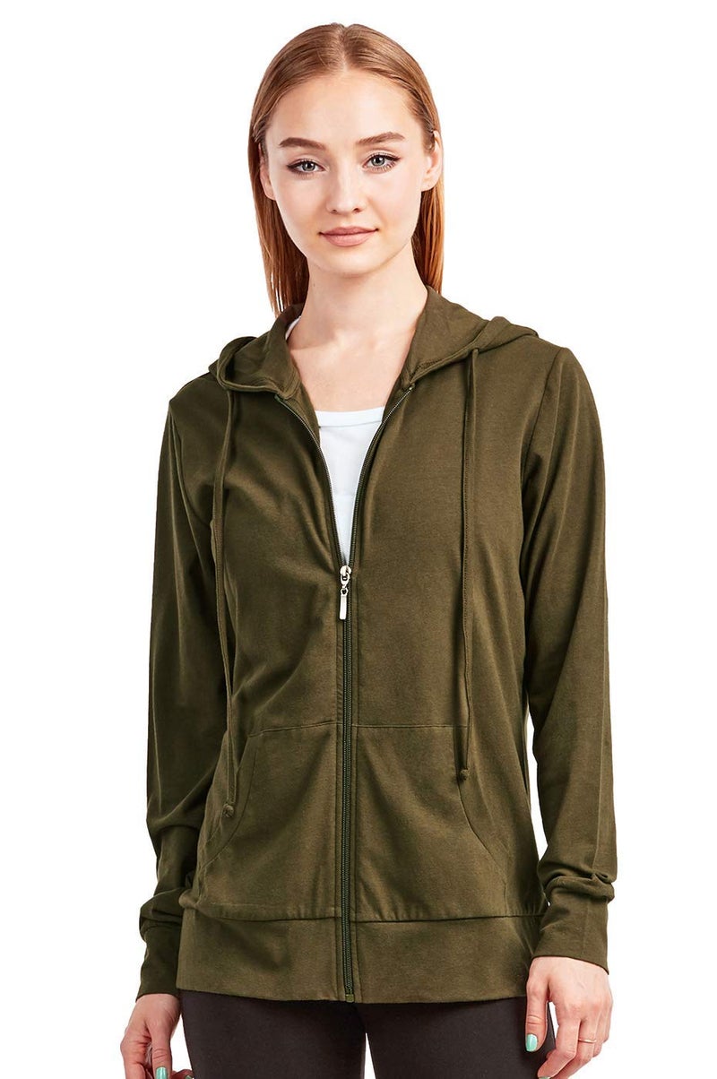 Sofra Women's Thin Cotton Zip Up Hoodie Jacket (M, Olive) - Image 1